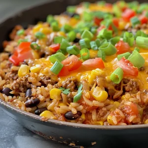 Close-up view of a Cheesy Taco Rice Skillet with ground beef and colorful vegetables.