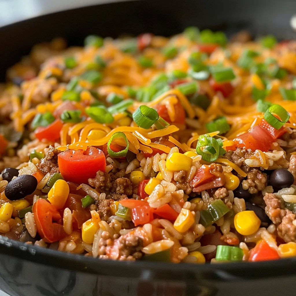 Juicy Cheesy Taco Rice Skillet featuring ground beef, rice, and cheese, garnished with green onions.
