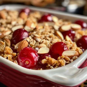 Detailed shot of Cherry Almond Crisp, showcasing the colorful cherries and sliced almonds.