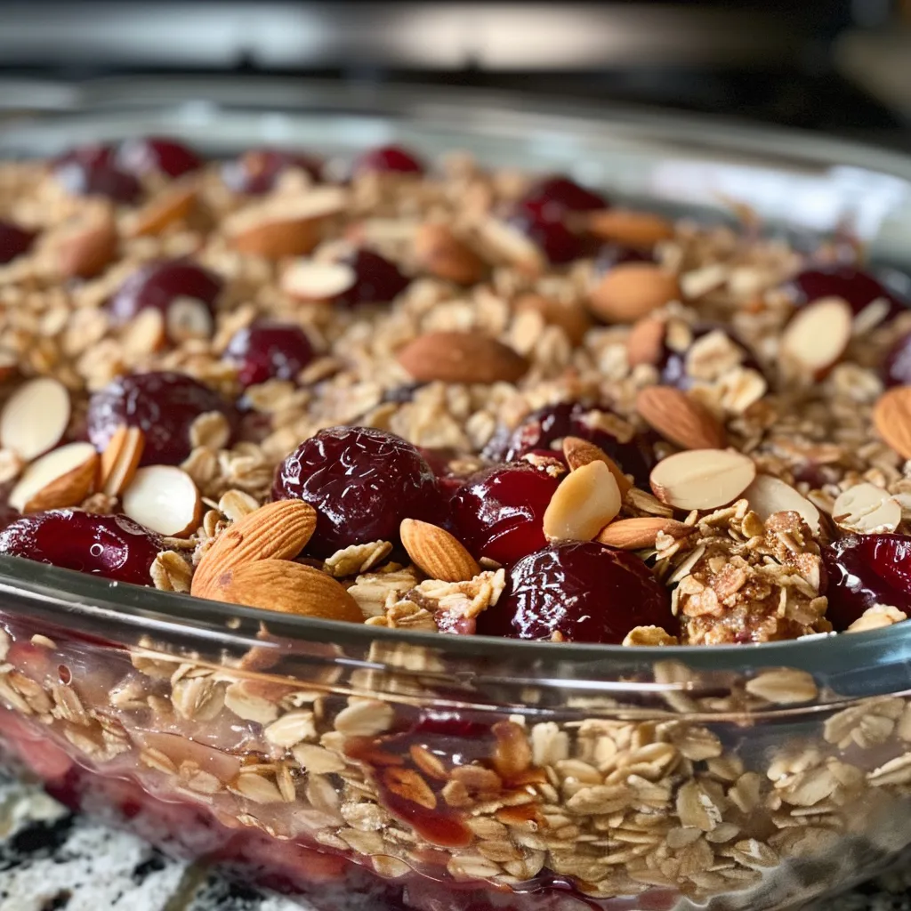 Appetizing Cherry Almond Crisp with a crispy crust and vibrant cherries visible from the side.