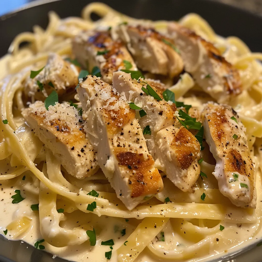 Juicy Chicken Alfredo pasta dish with grated Parmesan and garlic.