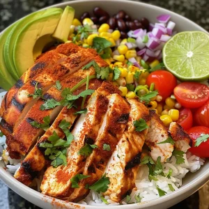 Close-up of a colorful chicken burrito bowl filled with rice, beans, corn, and fresh toppings.