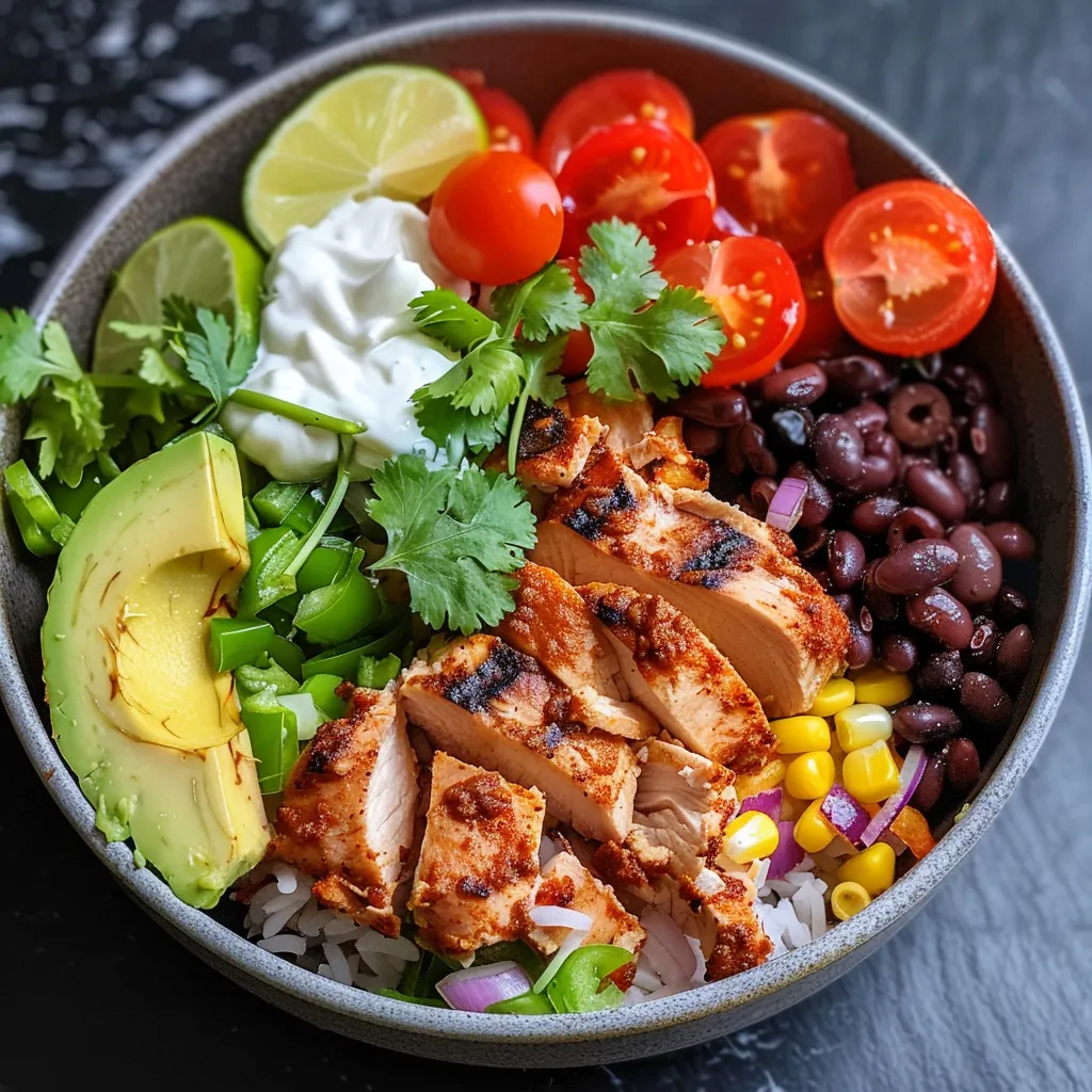 Side view of a chicken burrito bowl featuring juicy chicken, sliced avocado, and cherry tomatoes.