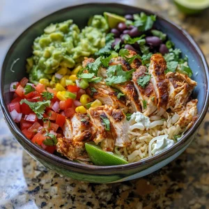 Juicy chicken burrito bowl featuring rice, lettuce, and a variety of toppings.