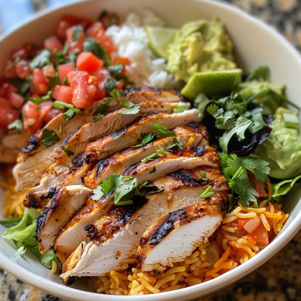 Colorful chicken burrito bowl with fresh ingredients and garnishes.