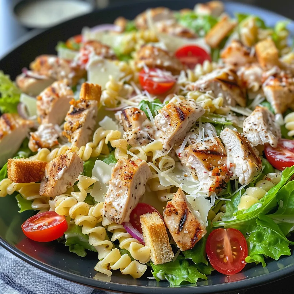 Close-up of a Chicken Caesar Pasta Salad featuring colorful ingredients.