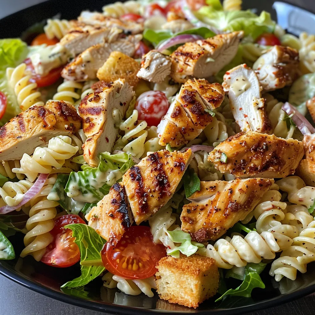 Side view of a delicious Chicken Caesar Pasta Salad in a bowl.