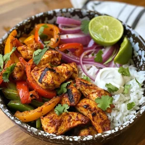 A close-up side view of a Chicken Fajita Bowl with colorful bell peppers, chicken tenderloins, and white rice.