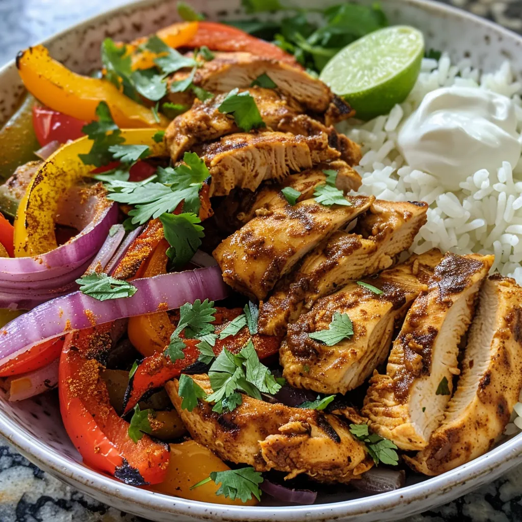 A vibrant Chicken Fajita Bowl featuring sliced bell peppers, tender chicken, and a dollop of sour cream.