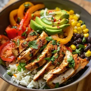 A close-up view of a Chicken Fajita Rice Bowl featuring sliced chicken, colorful bell peppers, and avocado.