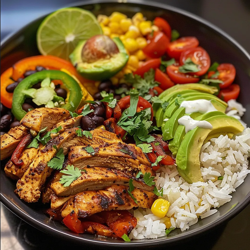 A vibrant bowl filled with chicken fajitas, rice, cherry tomatoes, and topped with cilantro and avocado.