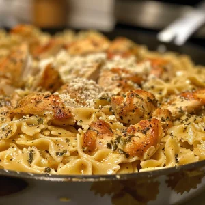 Close-up view of Chicken Garlic Parmesan Pasta with juicy chicken pieces and creamy sauce.