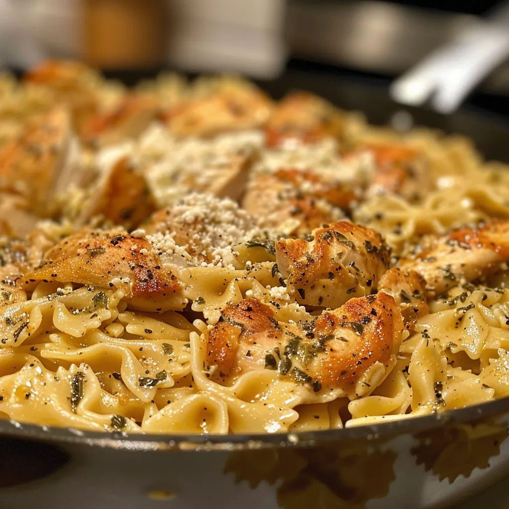 Close-up view of Chicken Garlic Parmesan Pasta with juicy chicken pieces and creamy sauce.