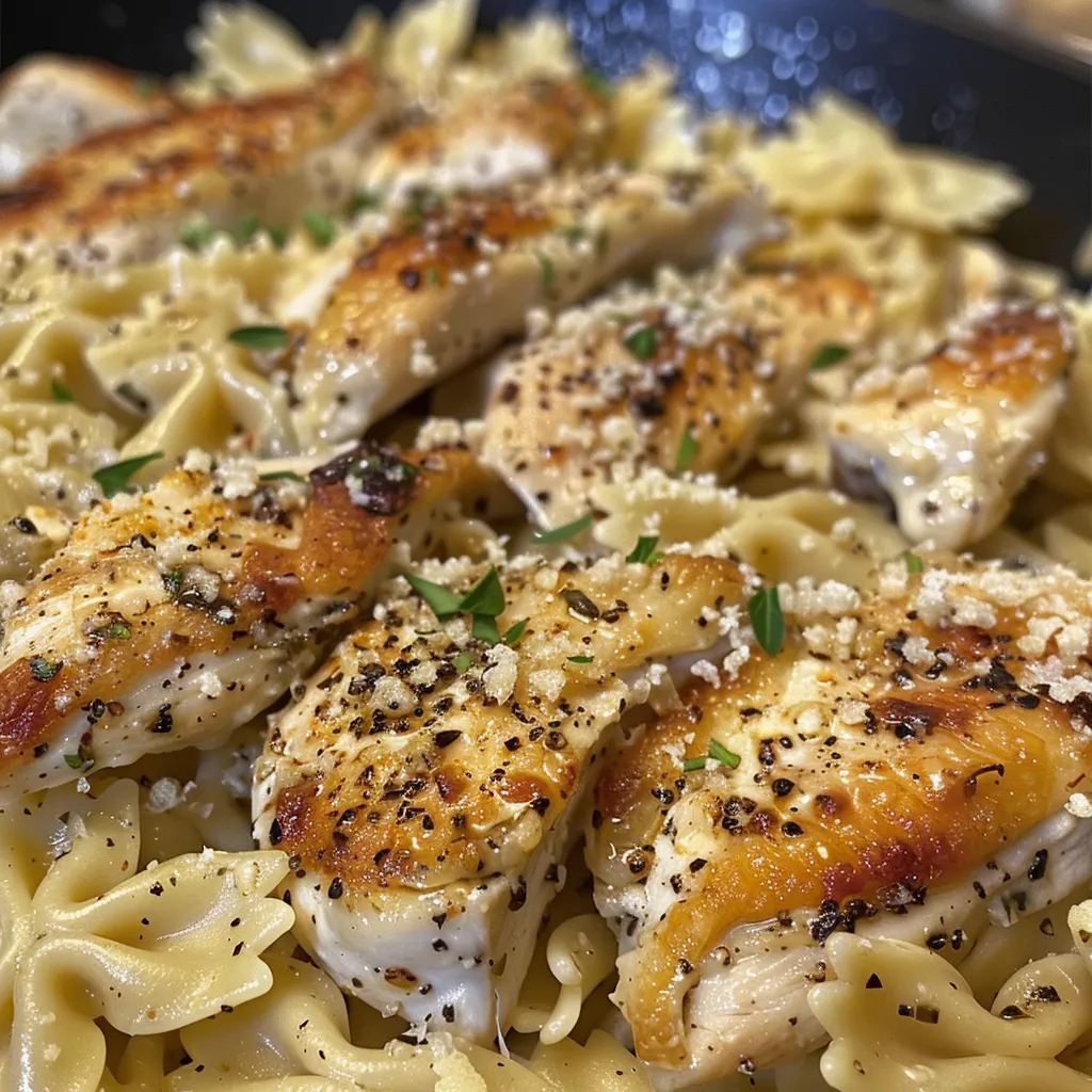 Side view of a bowl filled with Chicken Garlic Parmesan Pasta, showcasing chicken, pasta, and cheese.