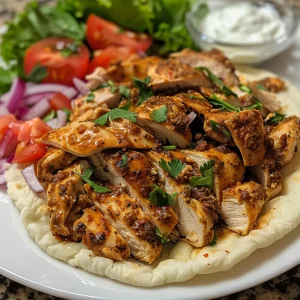 Juicy chicken shawarma served with pita and fresh vegetables.
