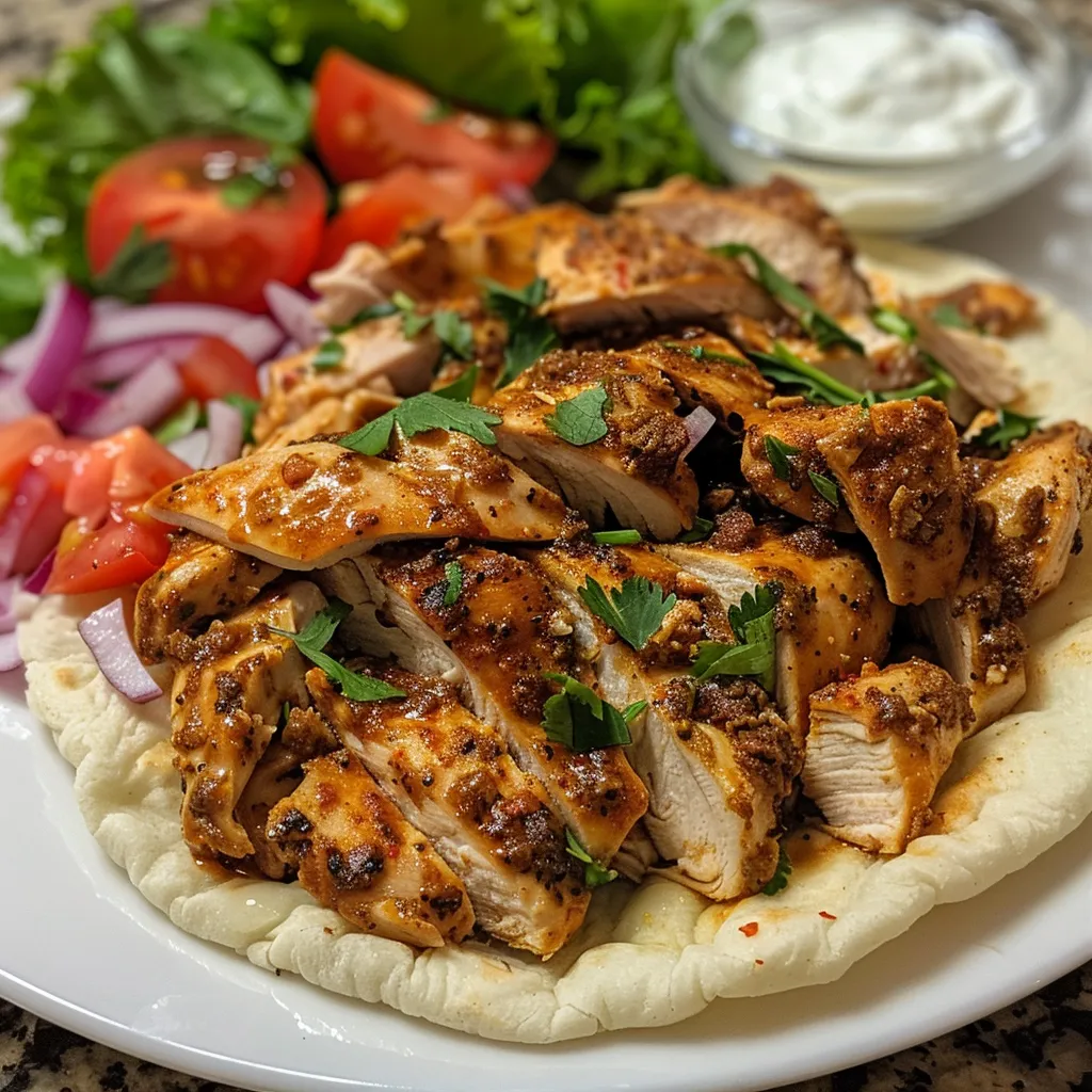 Juicy chicken shawarma served with pita and fresh vegetables.