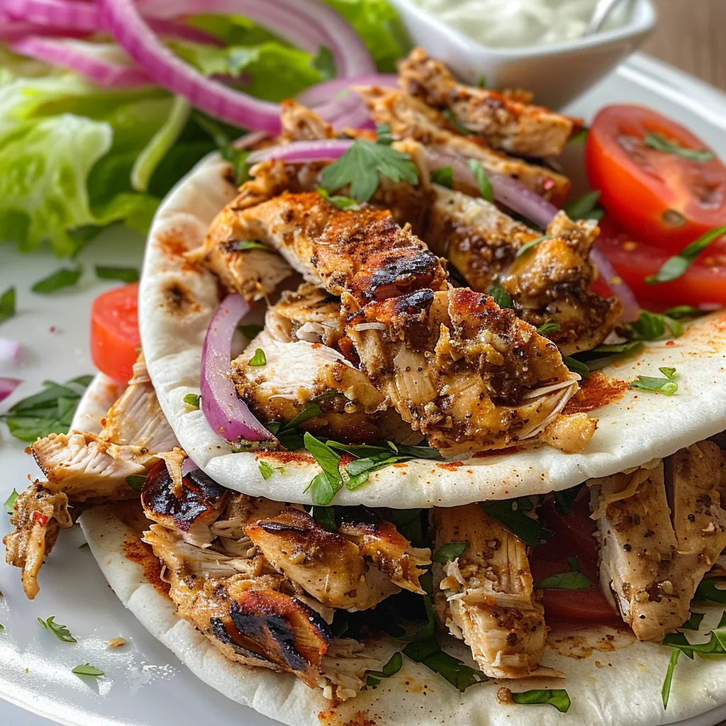 Close-up of marinated chicken shawarma with vibrant toppings.