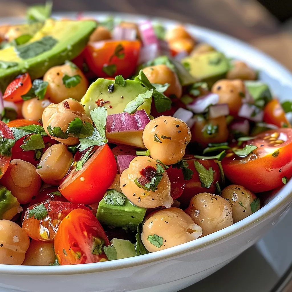 Colorful close-up of Chickpea Avocado Salad featuring diced avocado, cherry tomatoes, and red onion.