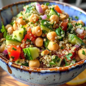 Close-up view of a vibrant chickpea quinoa salad featuring colorful ingredients.
