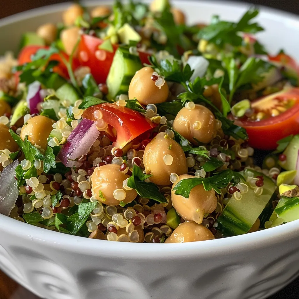Side angle of a fresh salad with chickpeas, quinoa, and vegetables, drizzled with tahini.