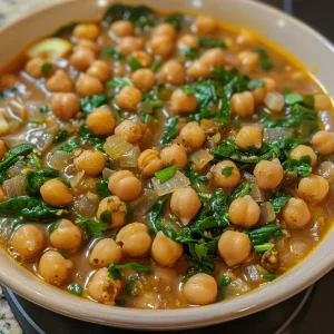 A steaming bowl of chickpea spinach soup with visible pieces of spinach and chickpeas, garnished with lemon.