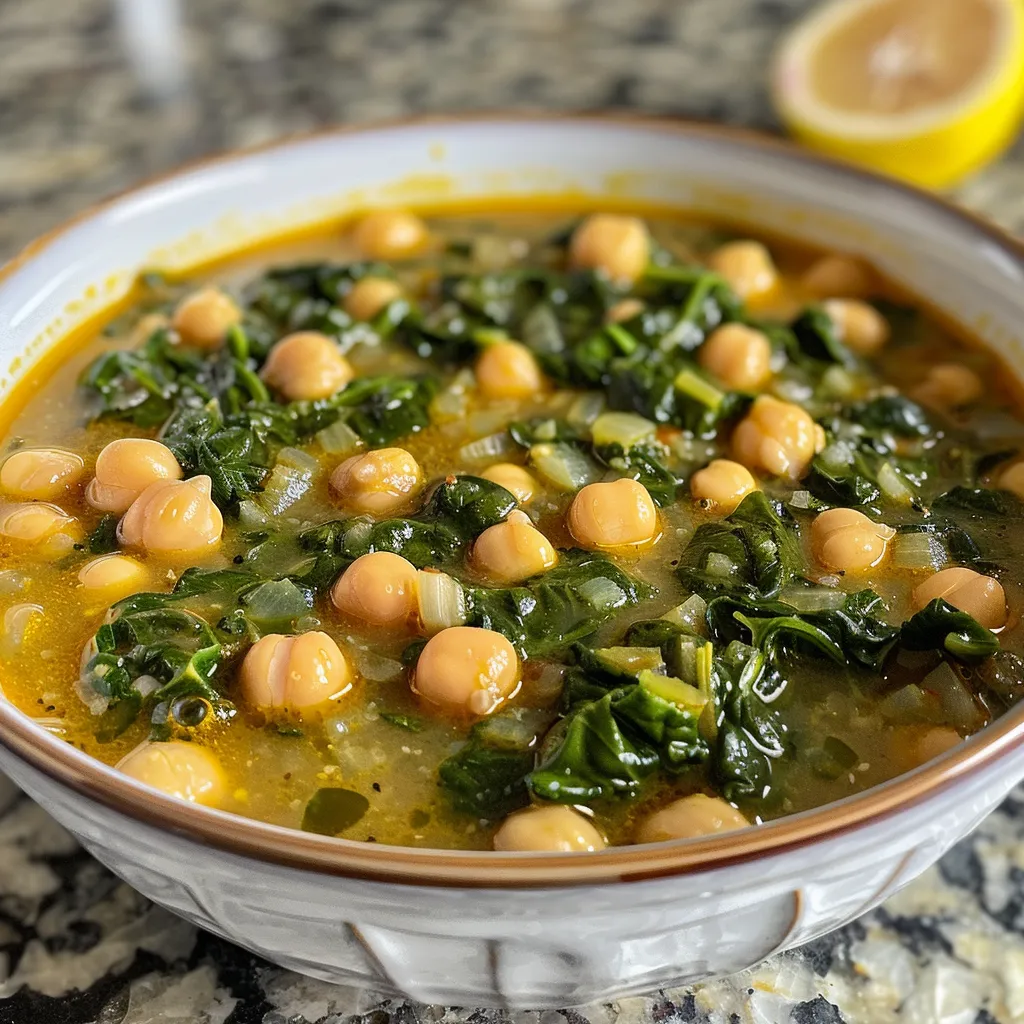 Colorful chickpea spinach soup in a bowl, highlighting the fresh ingredients and inviting texture.