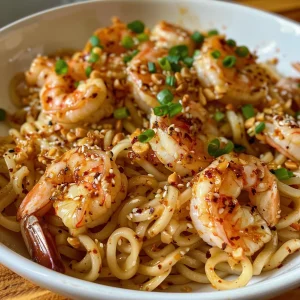 Close-up view of Chili Garlic Shrimp Noodles with vibrant colors and textures.