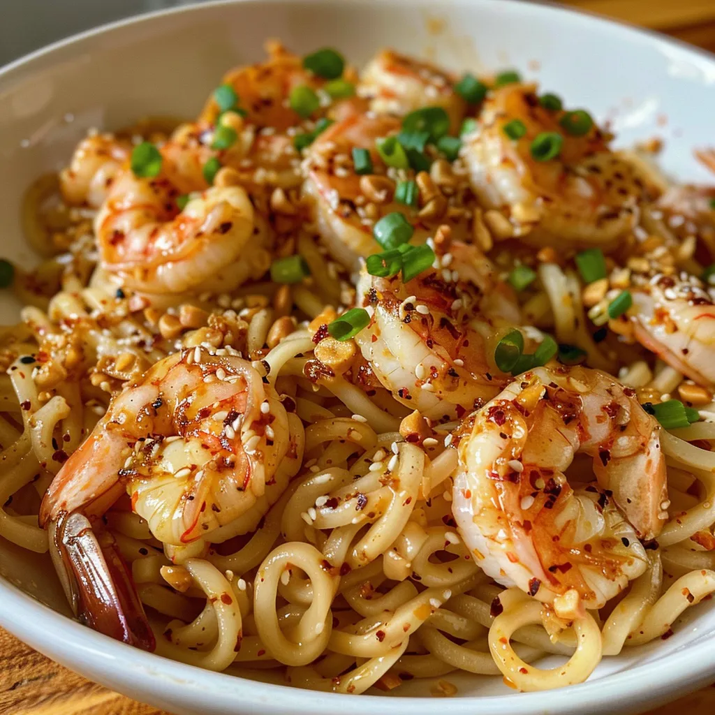 Close-up view of Chili Garlic Shrimp Noodles with vibrant colors and textures.