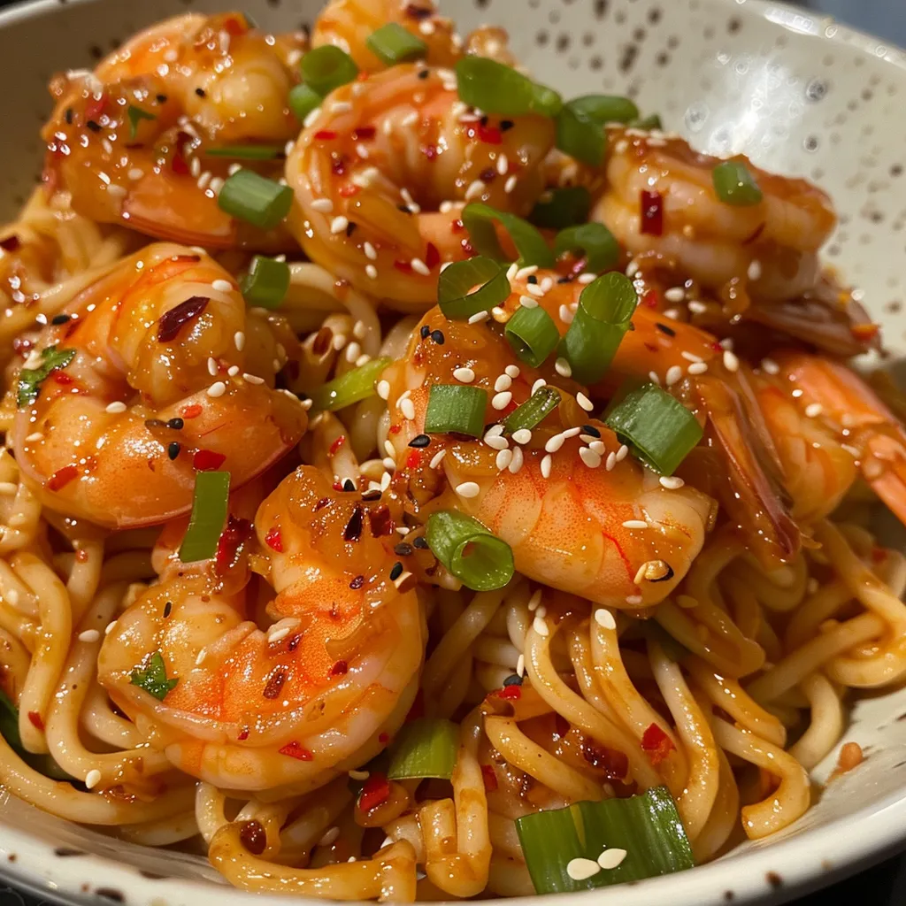 Juicy shrimp and noodles coated in chili garlic sauce, garnished with green onions.