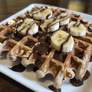 A serving of chocolate banana protein waffles with a smooth texture and vibrant colors.