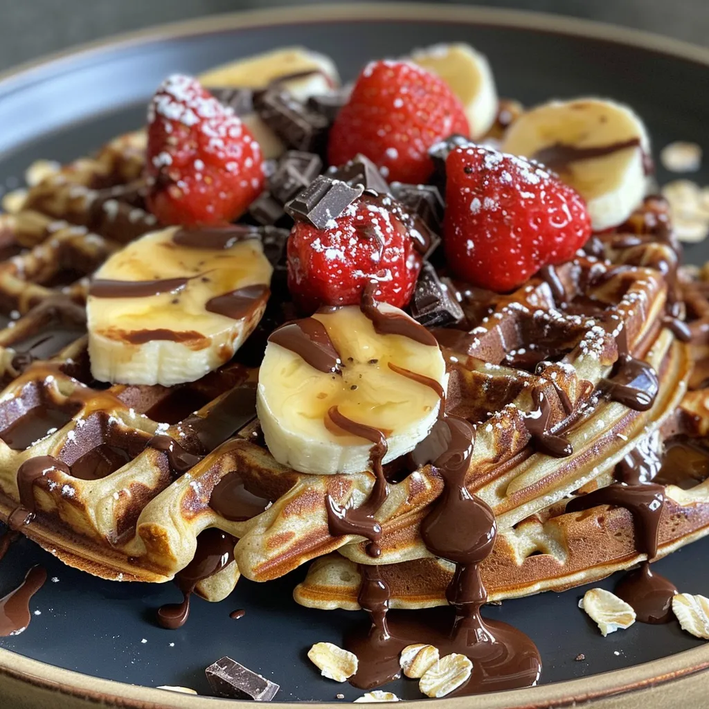 Delicious protein-rich waffles made with chocolate and banana, presented on a rustic plate.