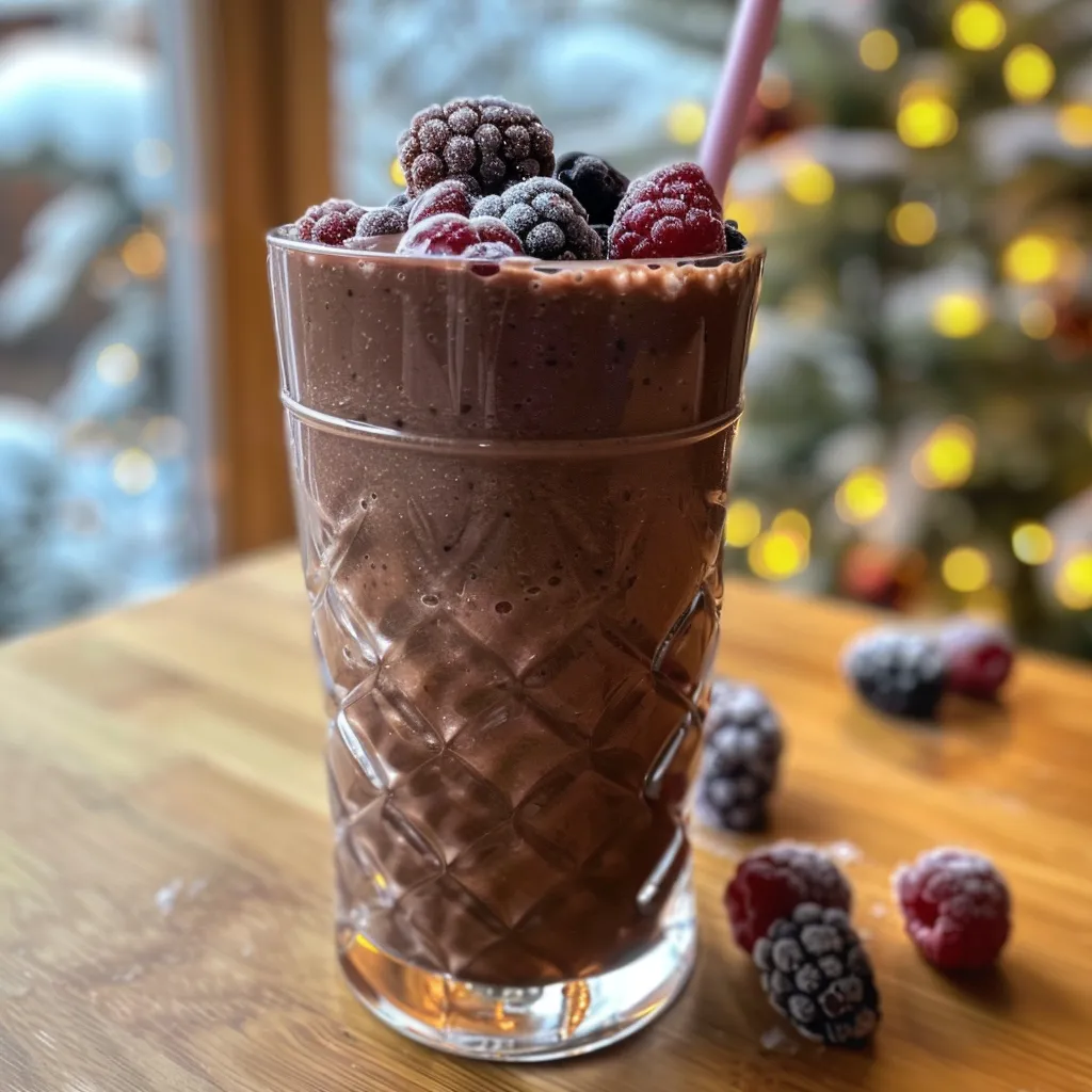 A close-up view of a chocolate berry smoothie in a glass, with rich colors and vibrant ingredients.