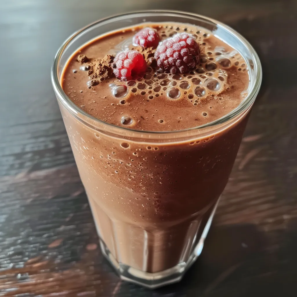 Side profile of a creamy chocolate berry smoothie, showcasing its texture and berry chunks.
