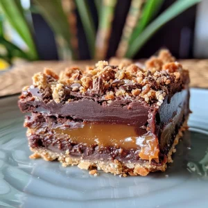 Detailed image of a Chocolate Caramel Crumble Slice revealing the chocolate and caramel filling.