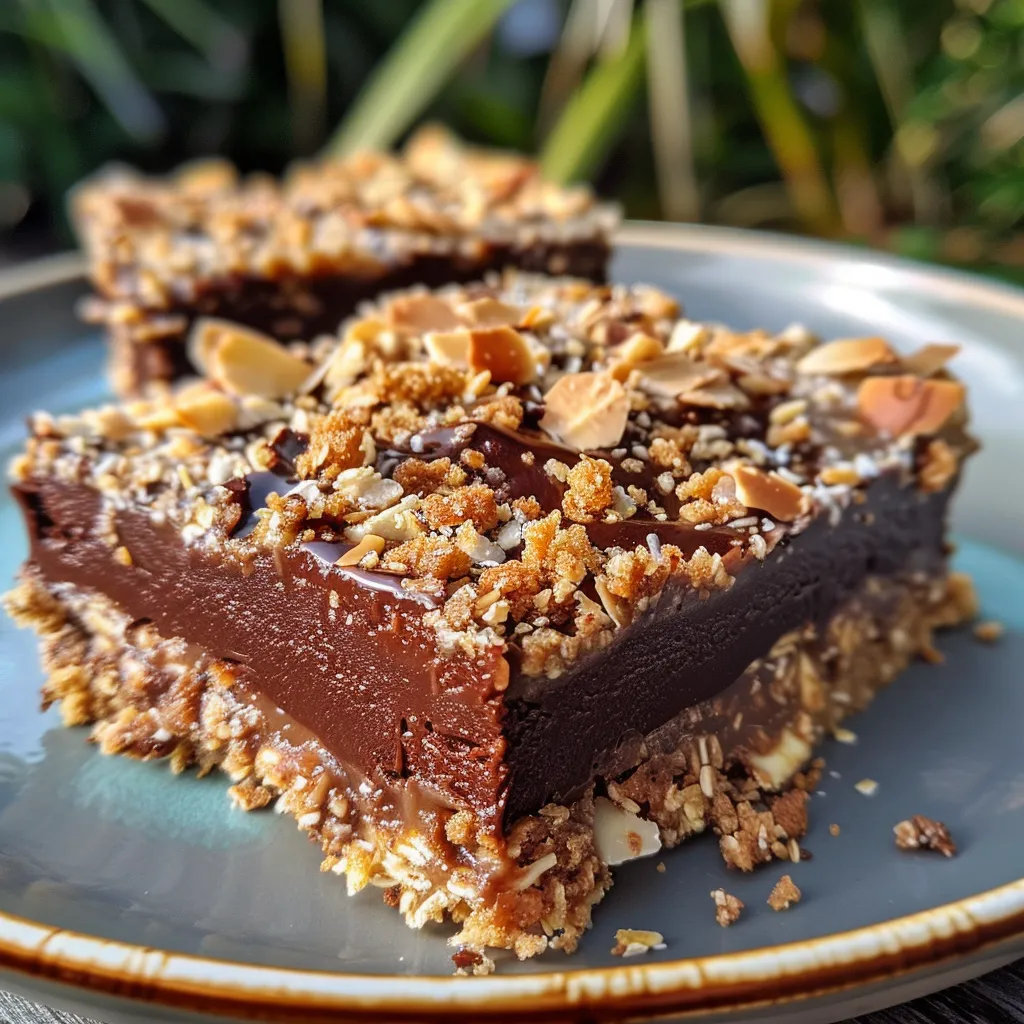 Textured view of a Chocolate Caramel Crumble Slice, highlighting its crumbly top and gooey interior.