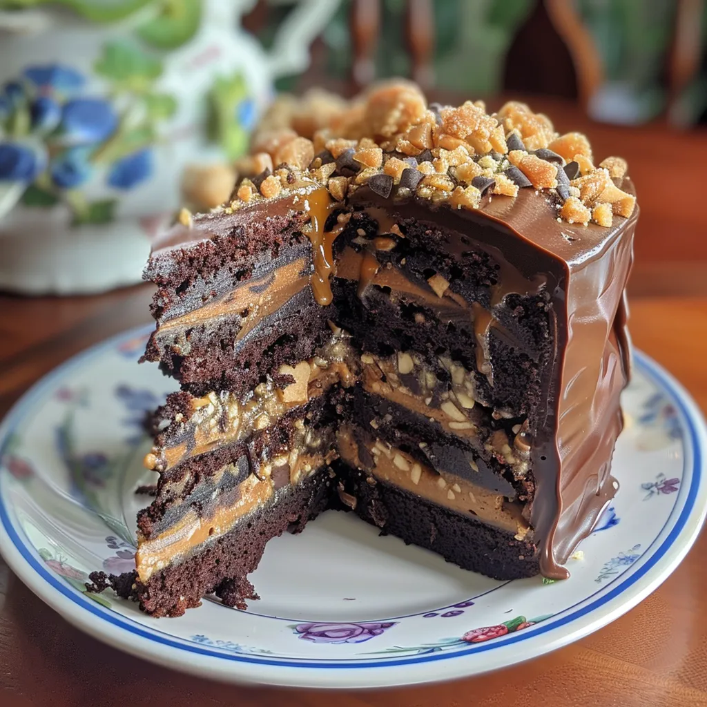 A detailed view of a decadent Chocolate Caramel Toffee Crunch Cake adorned with toffee bits and a caramel topping.