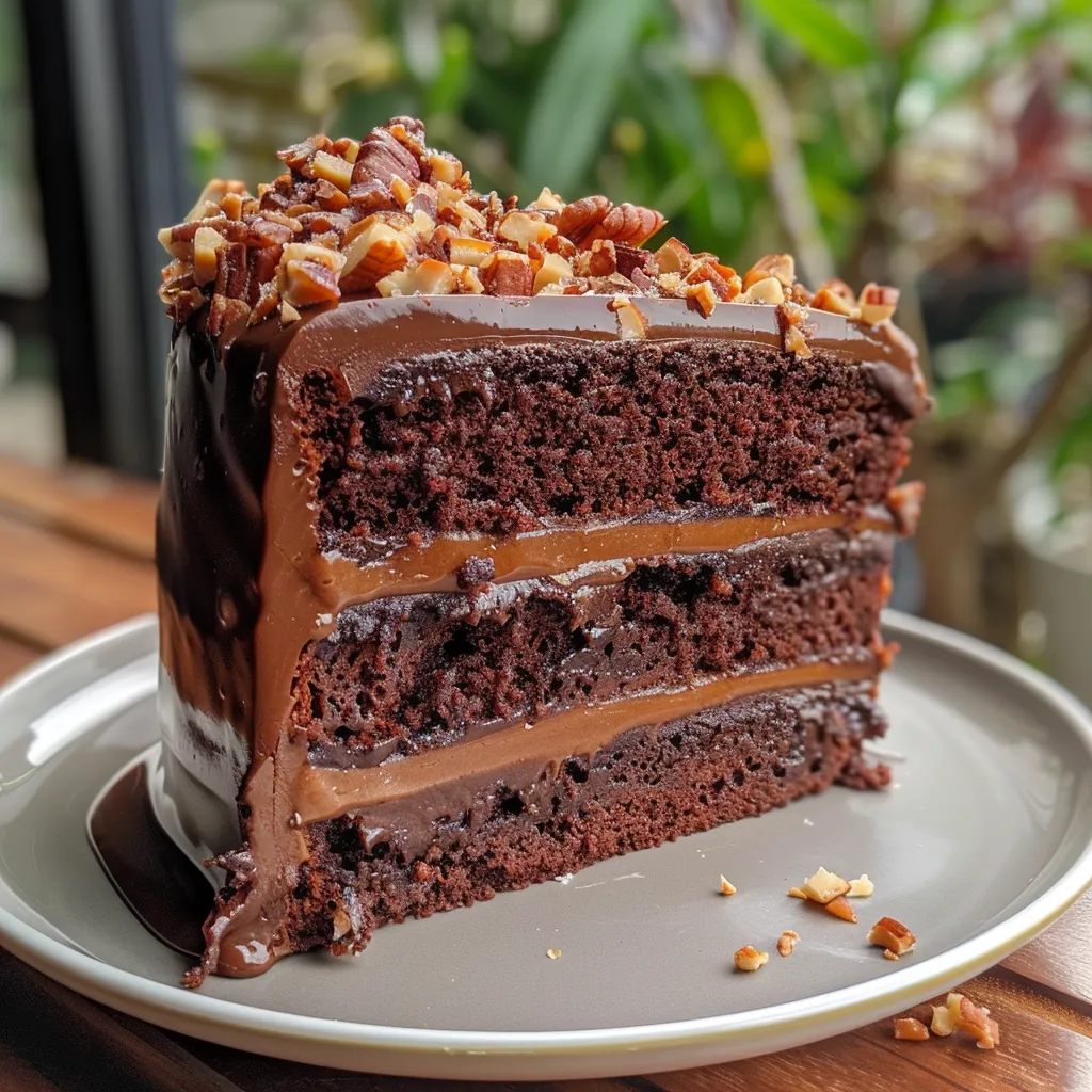 A decadent dessert featuring rich chocolate cake with a glossy caramel topping and crunchy toffee.