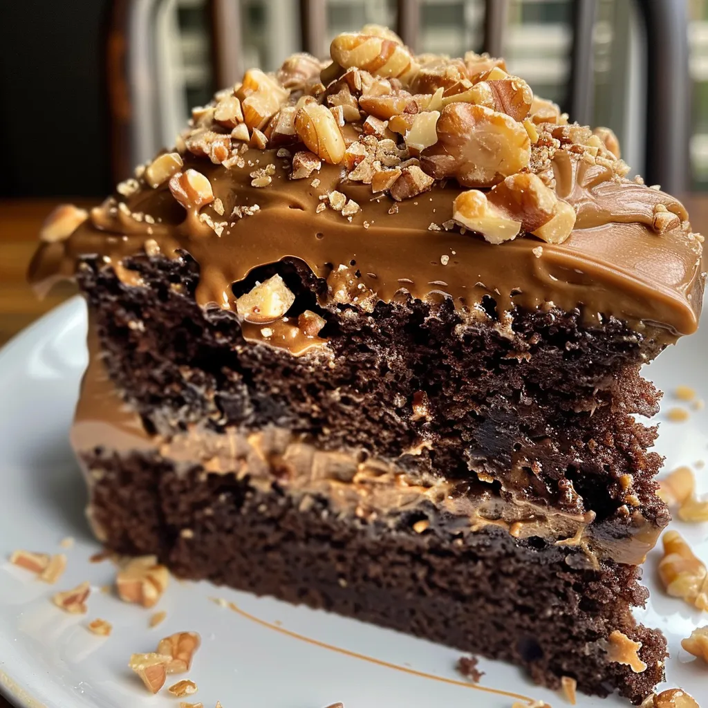 A side view of a chocolate caramel toffee crunch cake displaying its layers and textures.