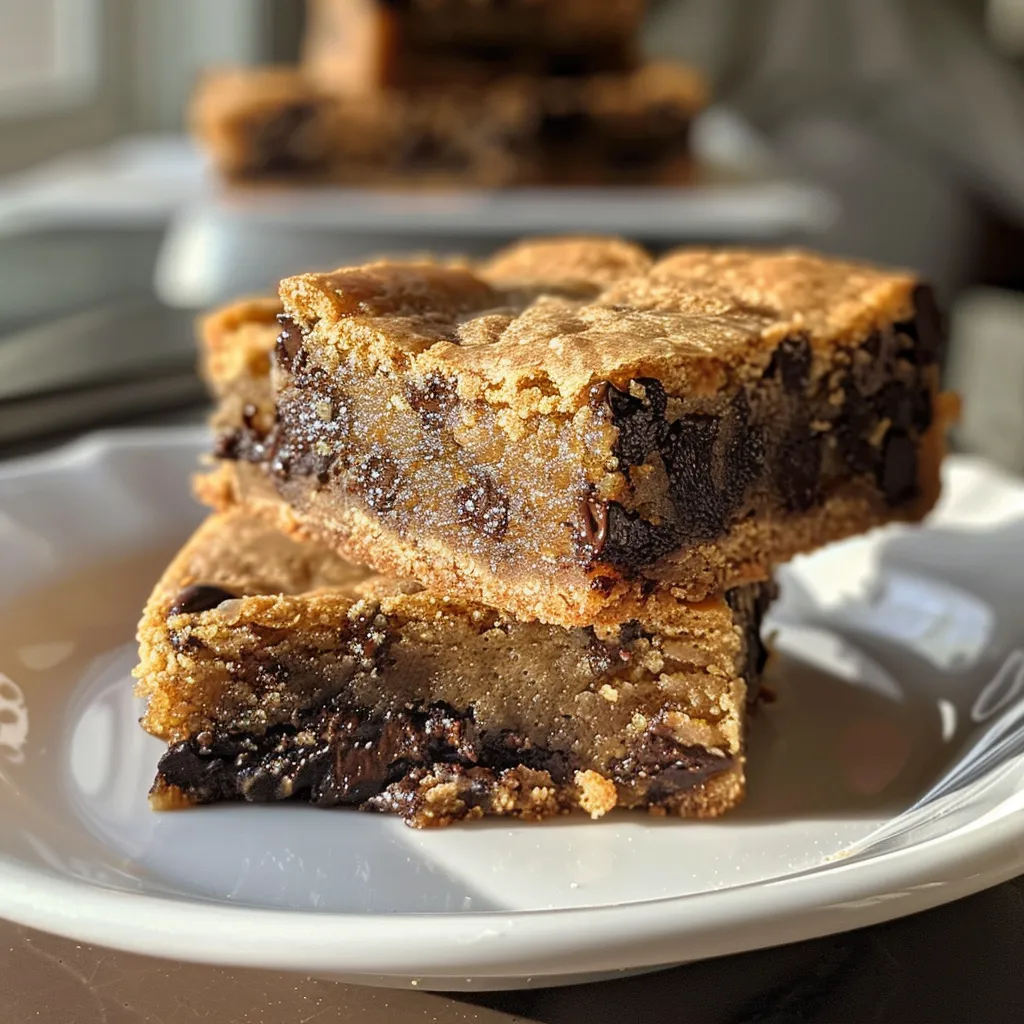 A slice of chocolate chip cookie bars showcasing gooey chocolate chips.