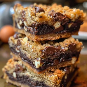 A side view of chocolate chip muffin crumb bars highlighting their crumbly texture.