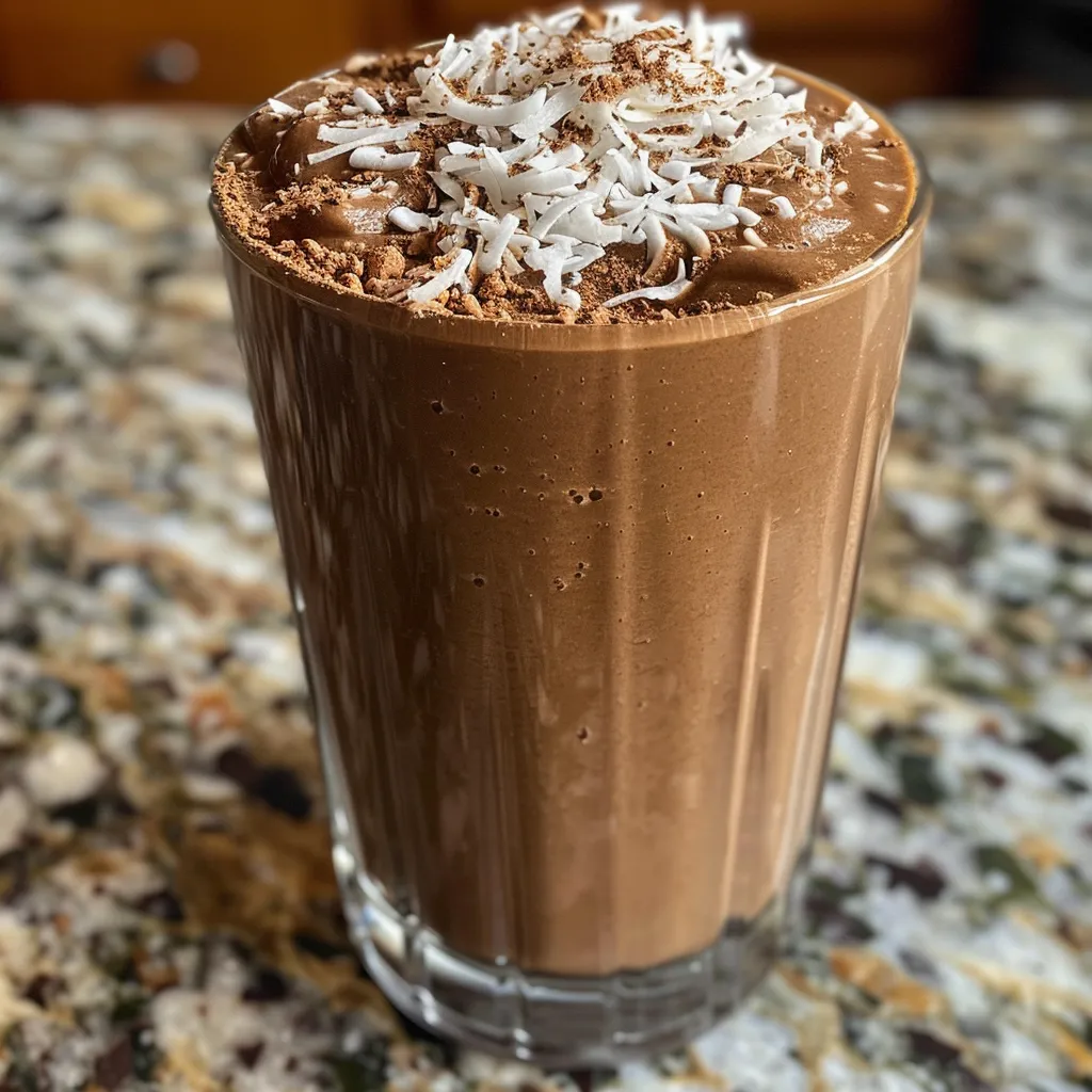 A close-up view of a thick chocolate coconut protein shake in a glass, with a creamy texture and garnished with shredded coconut.