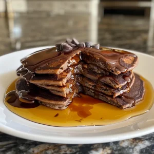 Juicy chocolate oat pancakes arranged on a plate, with a drizzle of maple syrup.