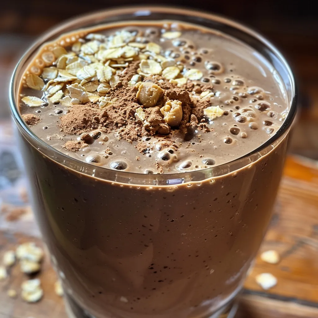 Close-up of a creamy chocolate oatmeal smoothie in a glass, with a straw.