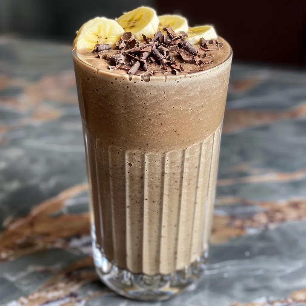 A close-up view of a chocolate peanut butter banana smoothie in a glass, showcasing its creamy texture.