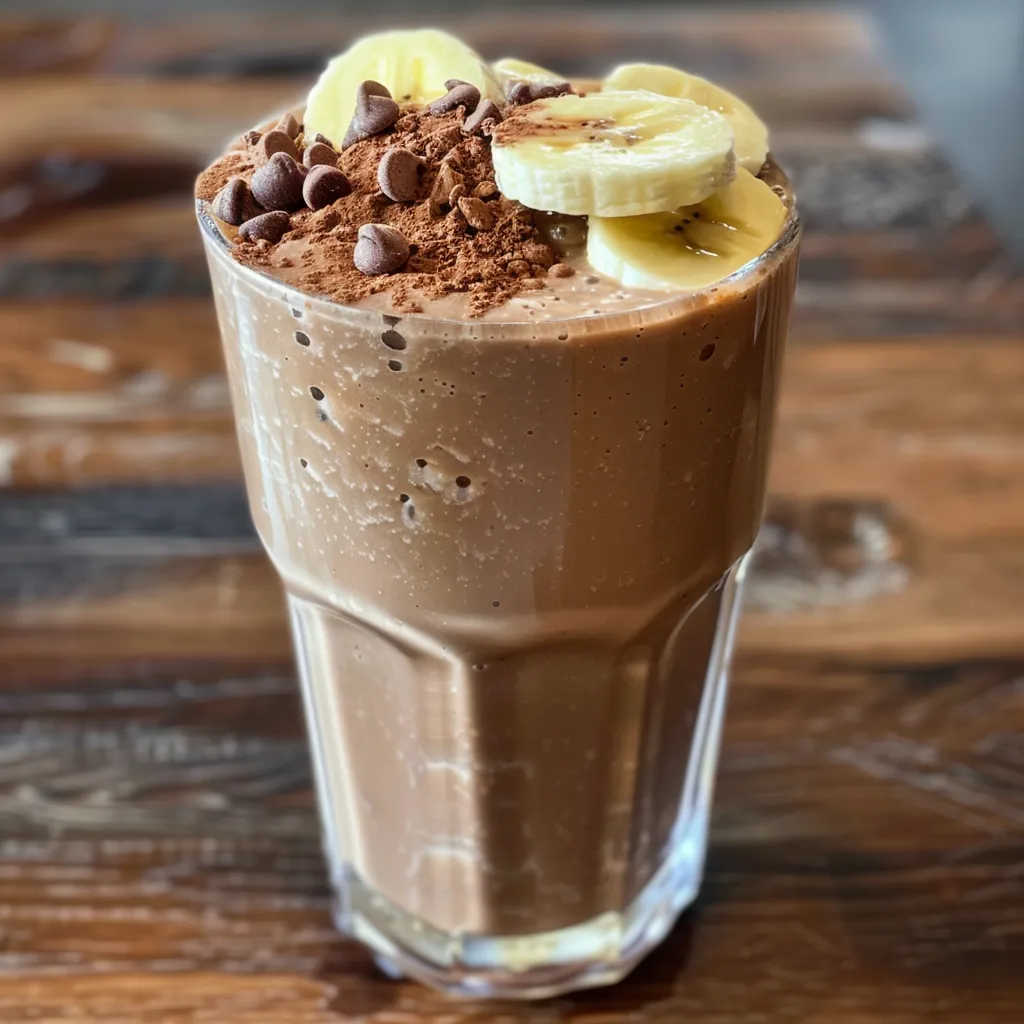 Chocolate peanut butter banana smoothie garnished with banana slices and a drizzle of syrup.