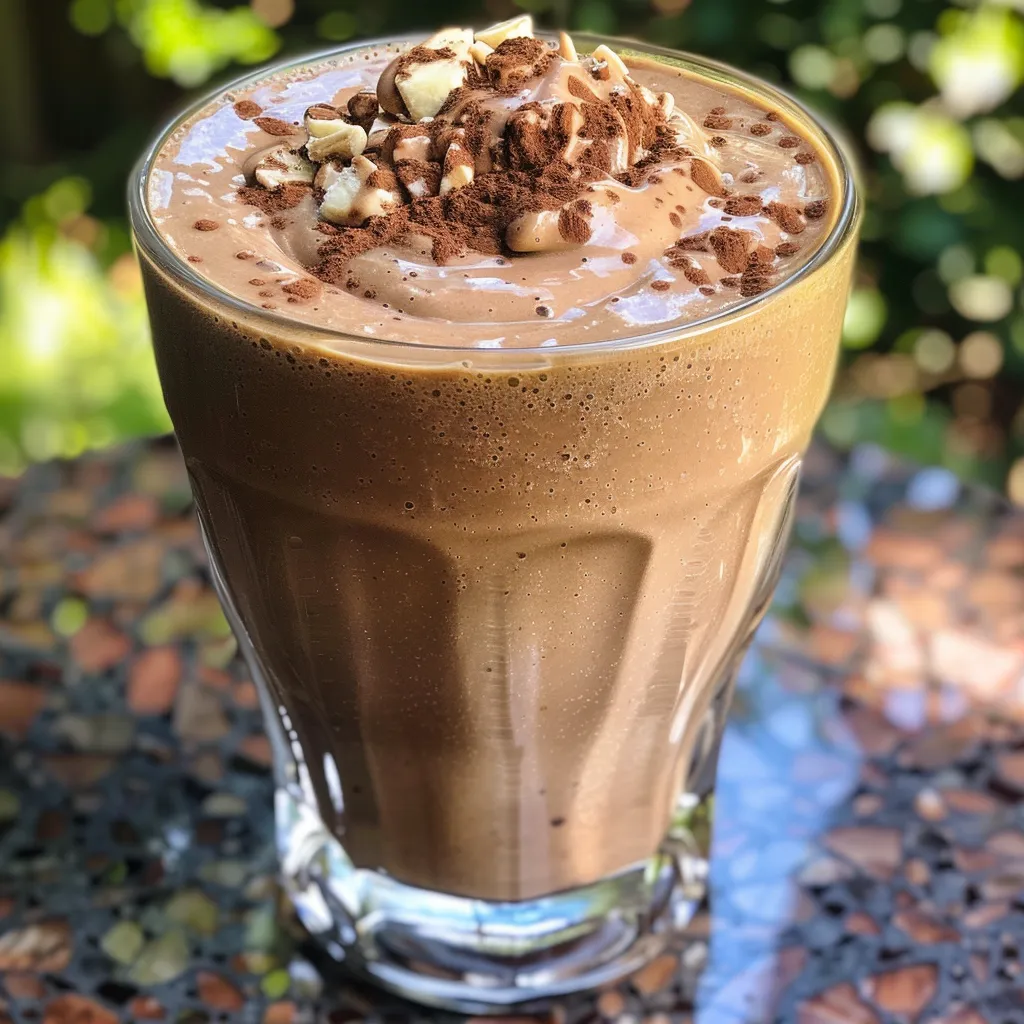 A glass of rich chocolate smoothie with a creamy texture and peanut butter.