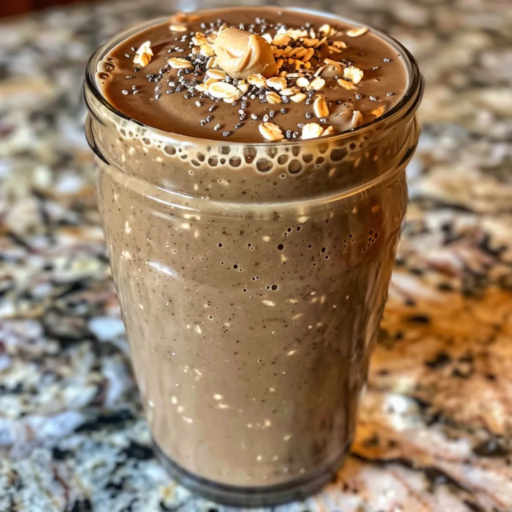 Close-up side view of a chocolate peanut butter oatmeal smoothie in a glass with a straw.