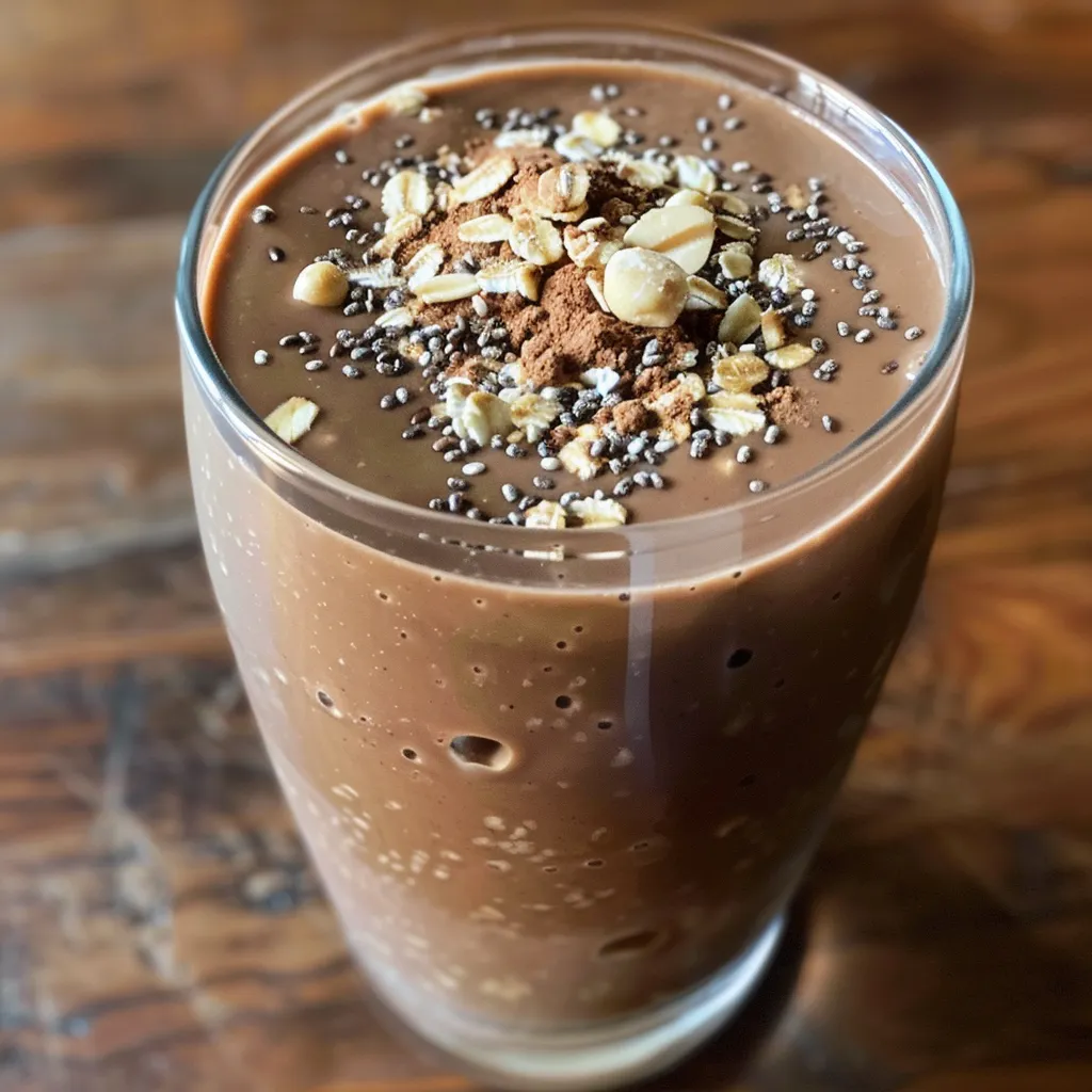 Creamy chocolate peanut butter oatmeal smoothie captured from the side, highlighting its rich texture.