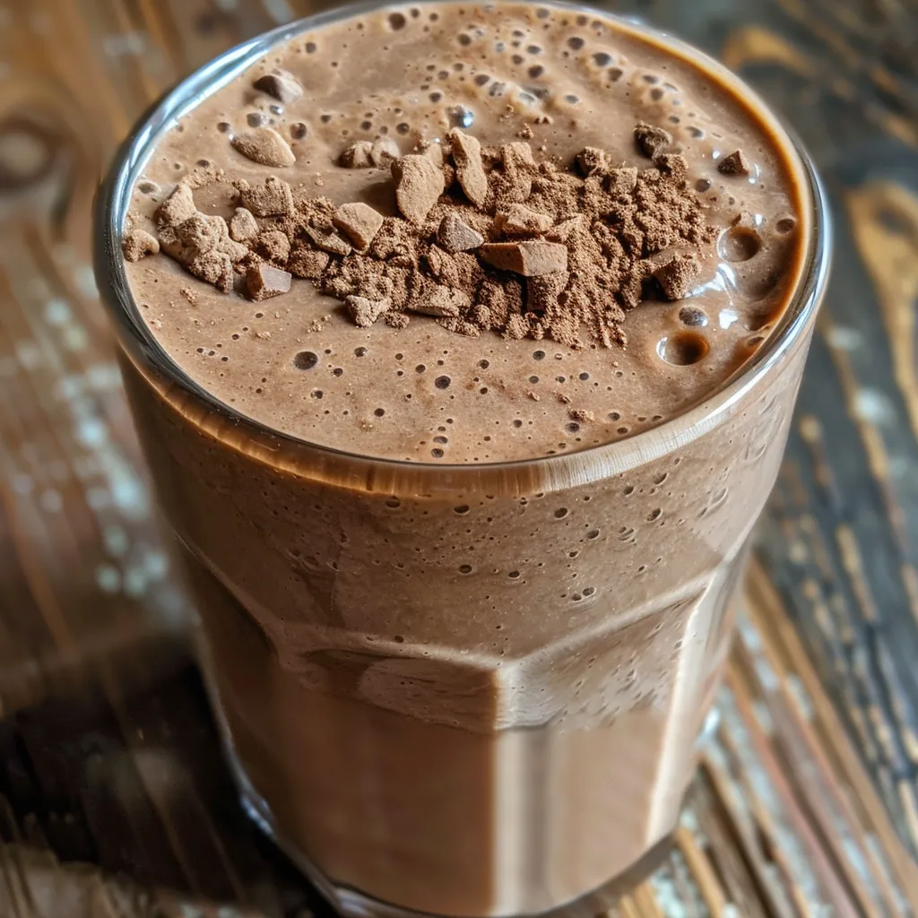 Close-up view of a creamy chocolate peanut butter smoothie in a glass, topped with whipped cream and a sprinkle of cocoa.