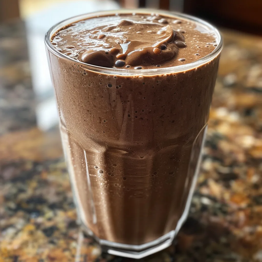 Side angle of a delicious chocolate peanut butter smoothie, featuring a rich brown color and texture, in a clear glass.